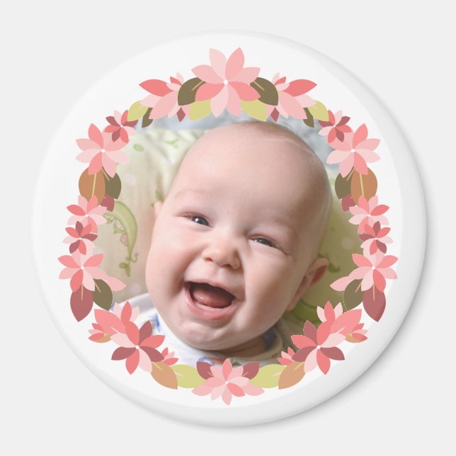 Add Your Baby Photo Pink Floral Wreath Frame Magne Magnet (Front)