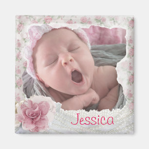 Add your baby's photo, Pretty Pink Lacy Magnet