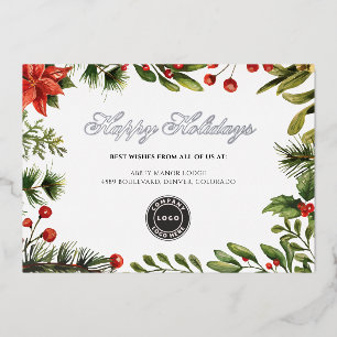 Add Your Business Logo Christmas Mistletoe Silver Foil Holiday Card