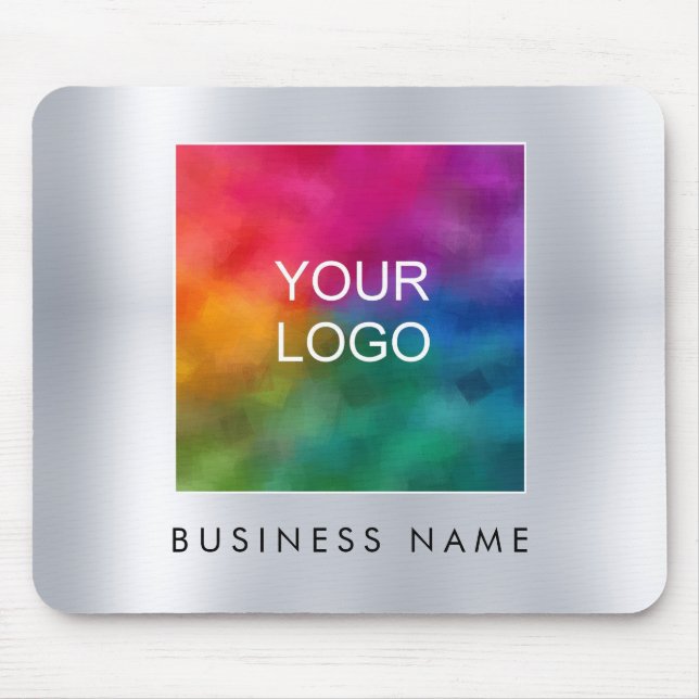 Add Your Business Logo Image Text Faux Silver Mouse Mat (Front)