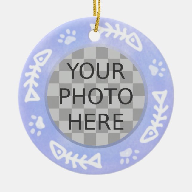Add Your Cat's Photo: Fish and Pawprints Ceramic Tree Decoration (Front)