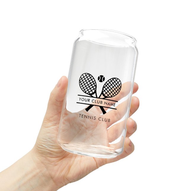 Add Your Club Name Tennis Sports Black Custom Can Glass (Lawn Tennis Rackets Motif Black Logo Can Glass)