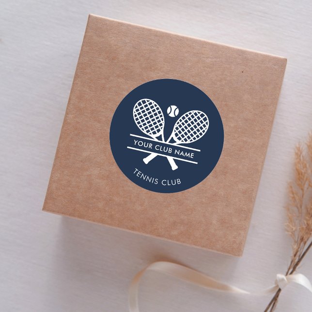 Add Your Club Name Tennis Sports Navy Blue Classic Round Sticker (Lawn Tennis Country Club Rackets Motif Navy Blue Classic Round Sticker)