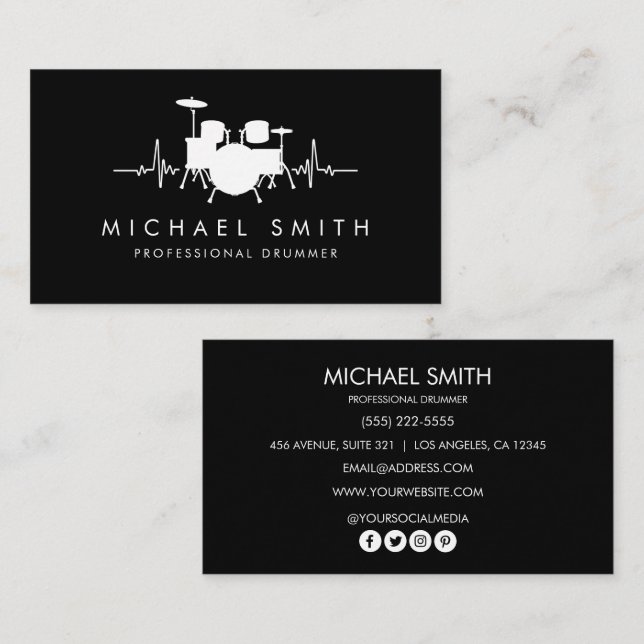 Add your custom logo Drums Heartbeat Drummer   Business Card (Front/Back)