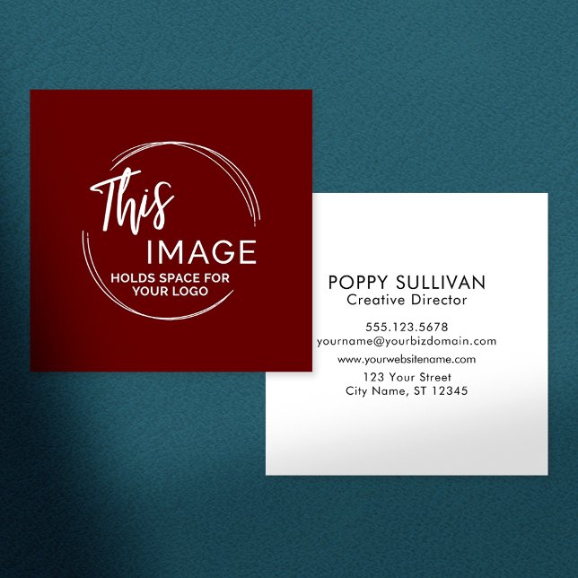 Add Your Custom Logo Elegant, White on Burgundy Square Business Card (Creator Uploaded)