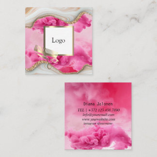 Add your custom logo professional pink hairdresser square business card