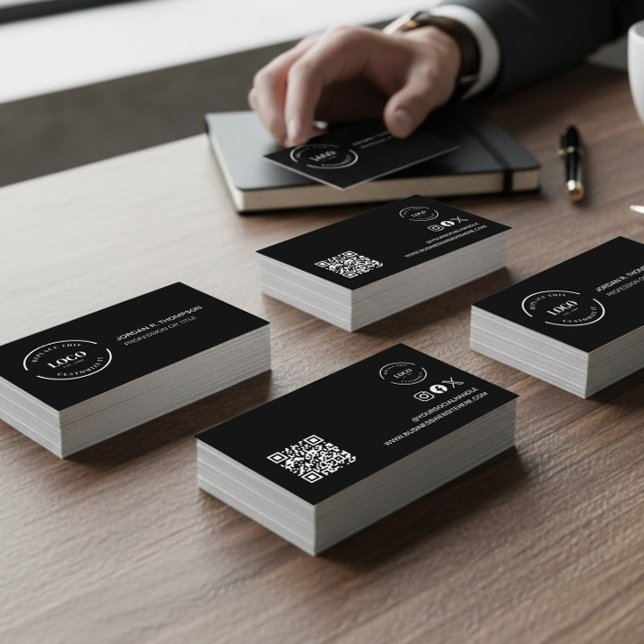 Add your custom logo QR code black Modern Design Business Card (Modern minimalist black sleek business cards with logo, name, QR code, website and social handle.)