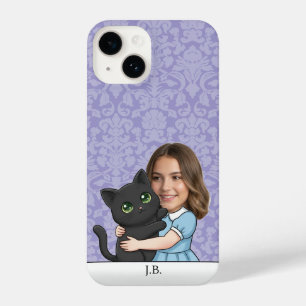 Add Your Face Hug a Kawaii Black Cat Purple iPhone 14 Case