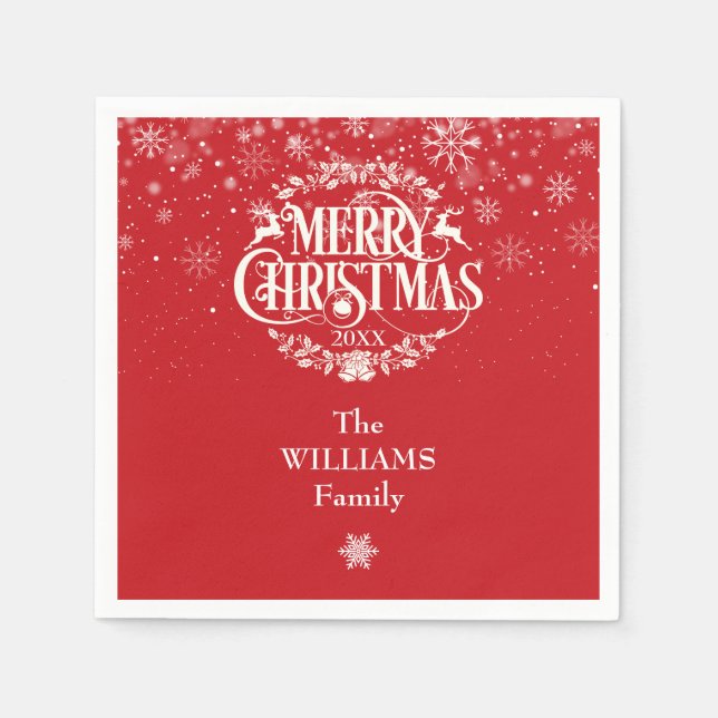Add Your Family Name Snowflakes Merry Christmas Napkin (Front)