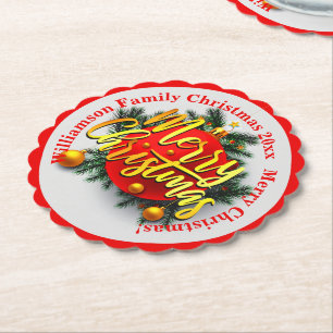 Add your Family Name Year Christmas Message Red Paper Coaster