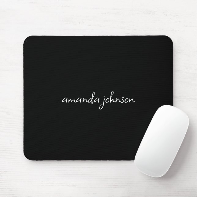 Add Your Full Name Minimal Monogram on Black Mouse Mat (With Mouse)