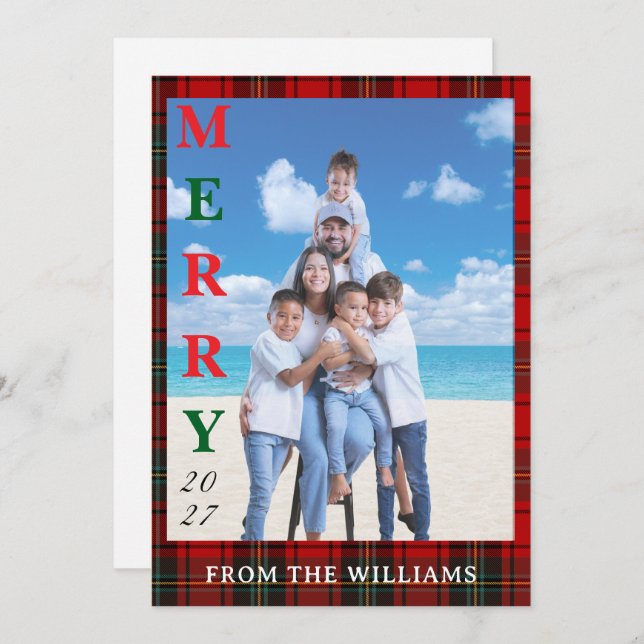 Add Your Image Custom Tartan Background Holiday Card (Front/Back)