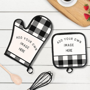 Add your Image/ Logo Black and White Buffalo Plaid Oven Mitt & Pot Holder Set