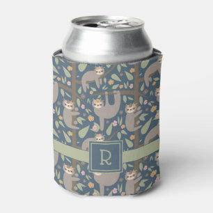 Add Your Initial Cute Floral Sloth Pattern Can Cooler