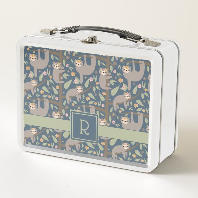 Add Your Initial | Cute Floral Sloth Pattern Metal Lunch Box (Front)