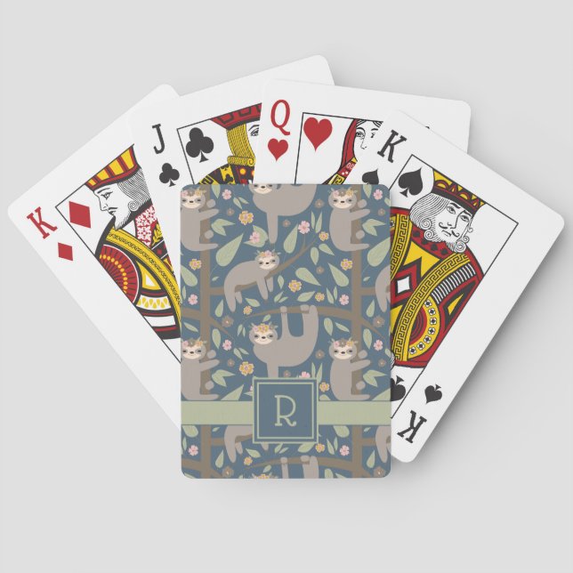 Add Your Initial | Cute Floral Sloth Pattern Playing Cards (Back)