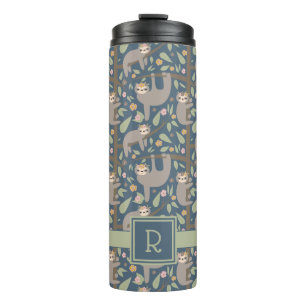 Add Your Initial   Cute Floral Sloth Pattern Thermal Tumbler