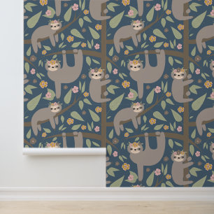 Add Your Initial Cute Floral Sloth Pattern Wallpaper