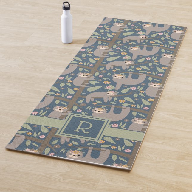 Add Your Initial | Cute Floral Sloth Pattern Yoga Mat (In Situ)