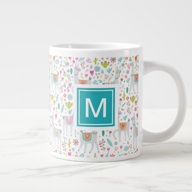 Add Your Initial | Cute Pastel Llama Pattern Large Coffee Mug (Right)
