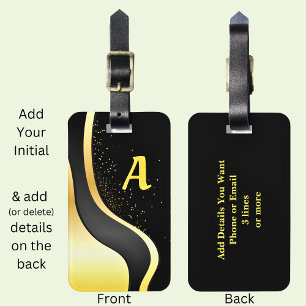 Add Your Initial, Gold Ribbon Design on Black  Luggage Tag
