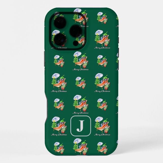 Add Your Initial Green Merry Christmas Pattern iPhone Case (Back)
