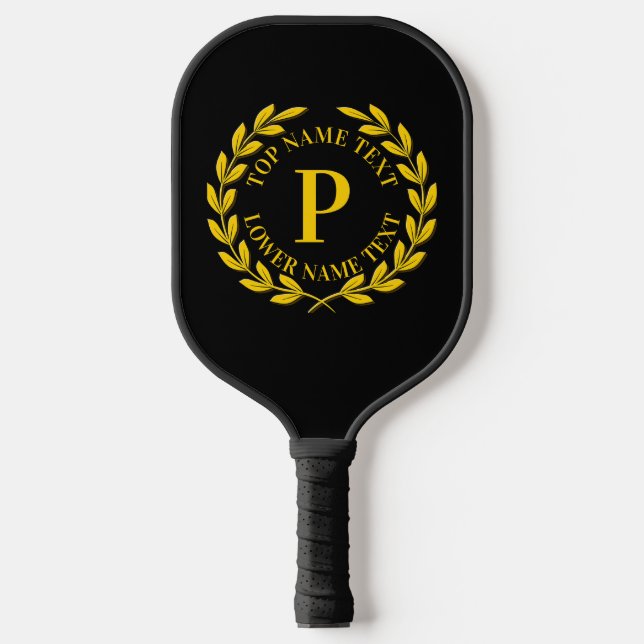 Add Your Initial, Name or Text Gold Wreath Black   Pickleball Paddle (Front)