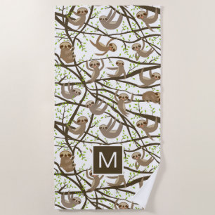 Add Your Initial Smiling Sloth Pattern Beach Towel