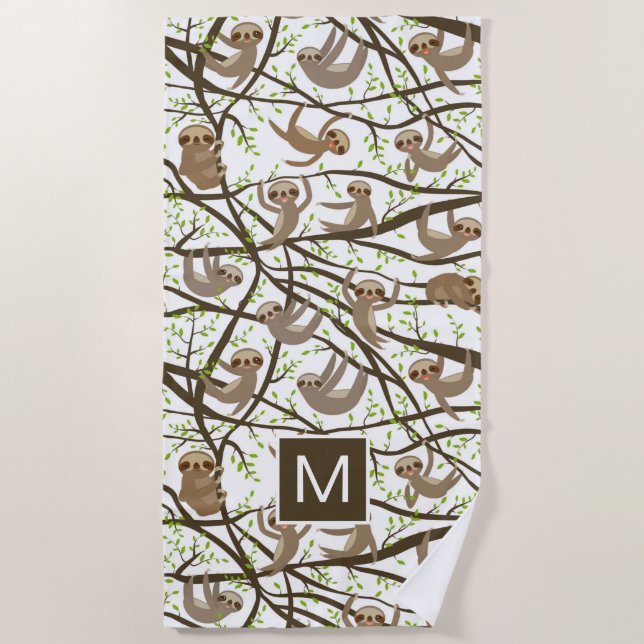 Add Your Initial | Smiling Sloth Pattern Beach Towel (Front)