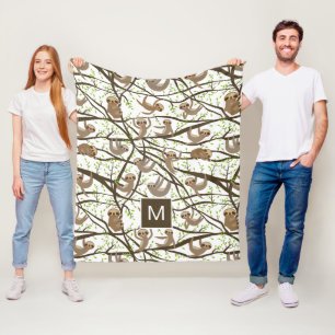 Add Your Initial Smiling Sloth Pattern Fleece Blanket