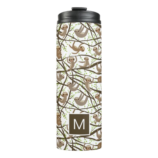 Add Your Initial | Smiling Sloth Pattern Thermal Tumbler (Front)