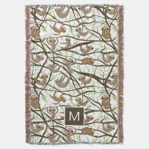 Add Your Initial   Smiling Sloth Pattern Throw Blanket