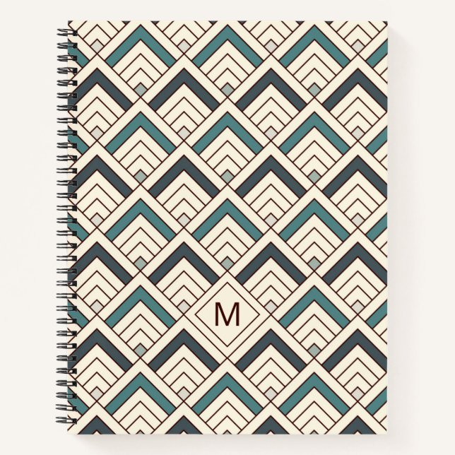Add Your Initial | Teal Geometric Pattern Notebook (Front)