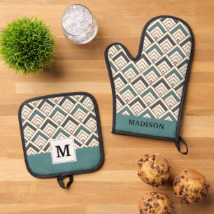 Add Your Initial   Teal Geometric Pattern Oven Mitt & Pot Holder Set