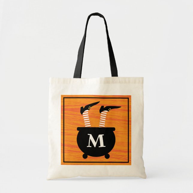 Add Your Initial | Witch in a Witch's Cauldron Tote Bag (Front)