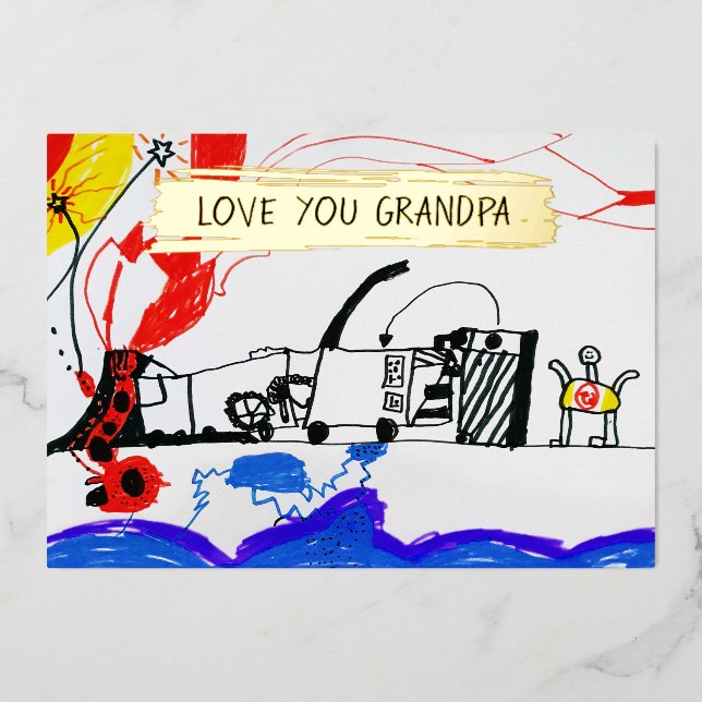  Add Your Kid's Drawing & Photo Custom Grandfather Foil Holiday Card (Front)