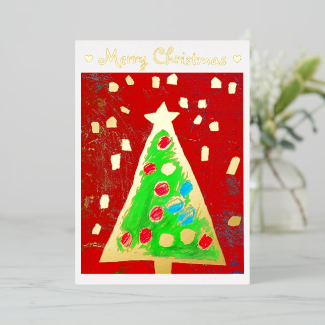    Add Your Kid's Drawing & Photo Cute Custom Xmas Foil Holiday Card (Standing Front)