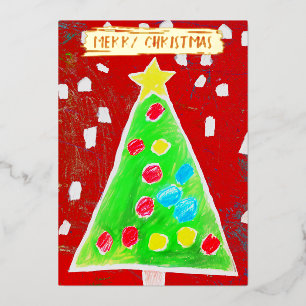 Add Your Kid's Drawing & Photo Cute Custom Xmas Foil Holiday Card