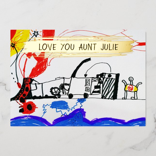  Add Your Kid's Drawing Photo Cute Customised Aunt Foil Holiday Card (Front)