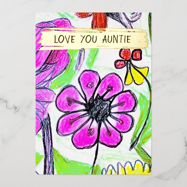   Add Your Kid's Drawing & Photo Personalised Aunt Foil Holiday Card (Front)