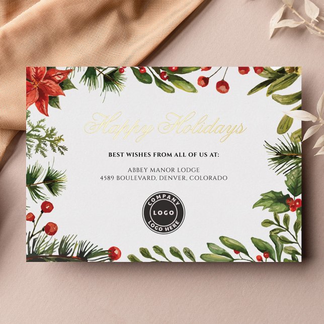 Add Your Logo Business Christmas Gold Foil Holiday Card (Corporate Logo Script Christmas Greetings Card)