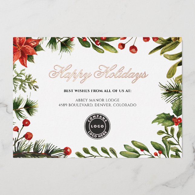 Add Your Logo Business Christmas Rose Gold Foil Holiday Card (Front)