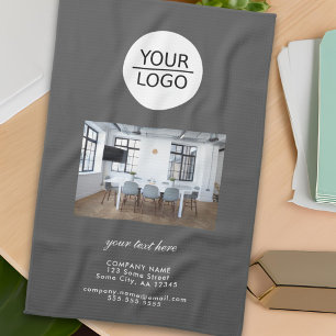 Add your Logo Custom Text Company Photo Grey Tea Towel