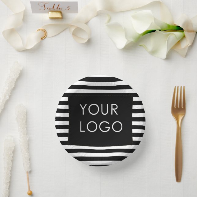 Add Your Logo Customisable Business Black Stripe  Paper Plate (Wedding)