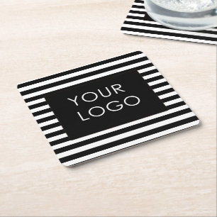 Add Your Logo Customisable Business Black Stripe   Square Paper Coaster