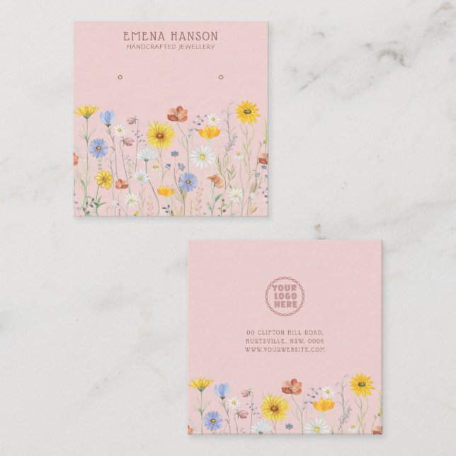 Add Your Logo, Earrings Wildflower Pink Display  Square Business Card (Front/Back)