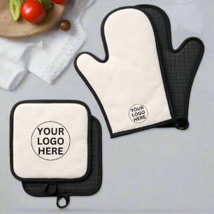 Add Your Logo Here l Professional Branded White Oven Mitt & Pot Holder Set