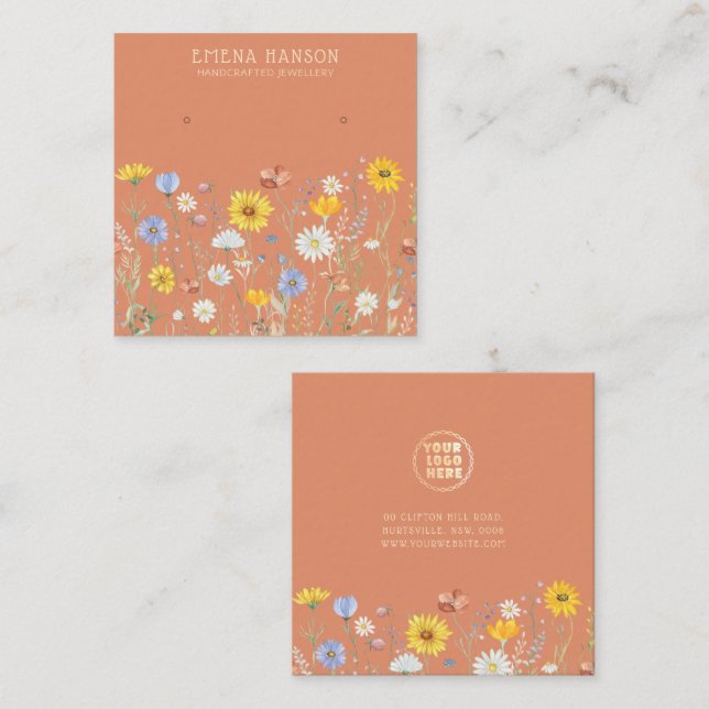 Add Your Logo, Holding Earrings Wildflower Display Square Business Card (Front/Back)