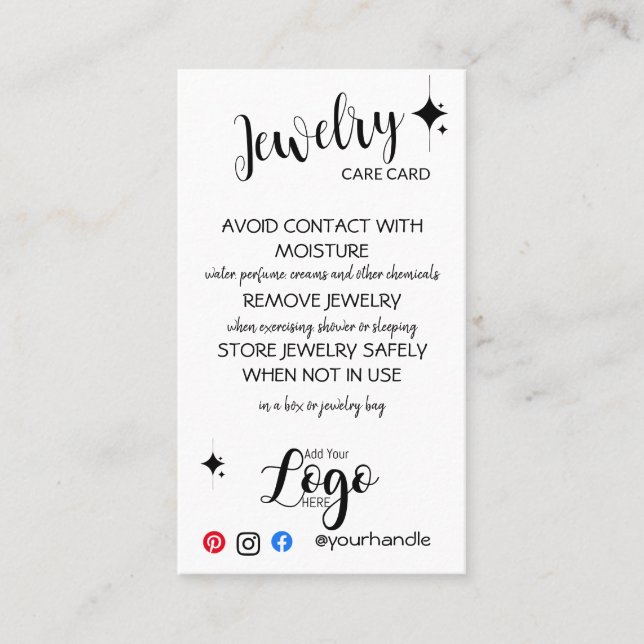 ADD YOUR LOGO jewellery CARE CARDS small business  (Front)