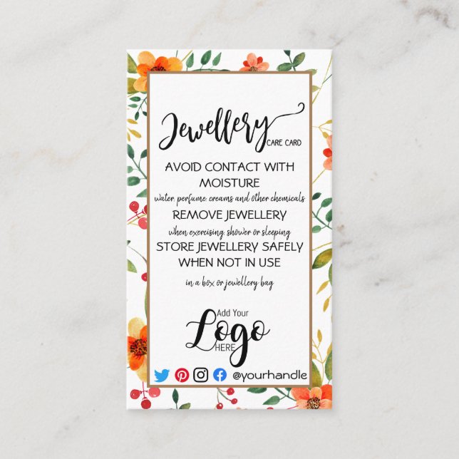 ADD YOUR LOGO jewellery CARE CARDS small UK floral (Front)